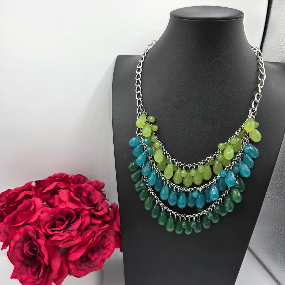 Green Teal Faceted Teardrop Multi Layer Bib Statement Necklace Silver Tone